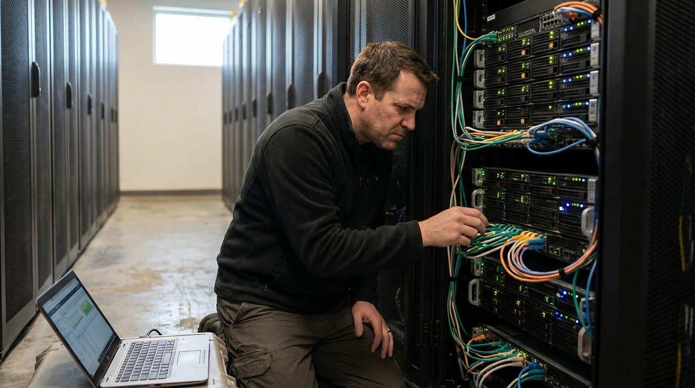 An engineer inspects a server rack in a data center while holding a laptop, troubleshooting a system issue.