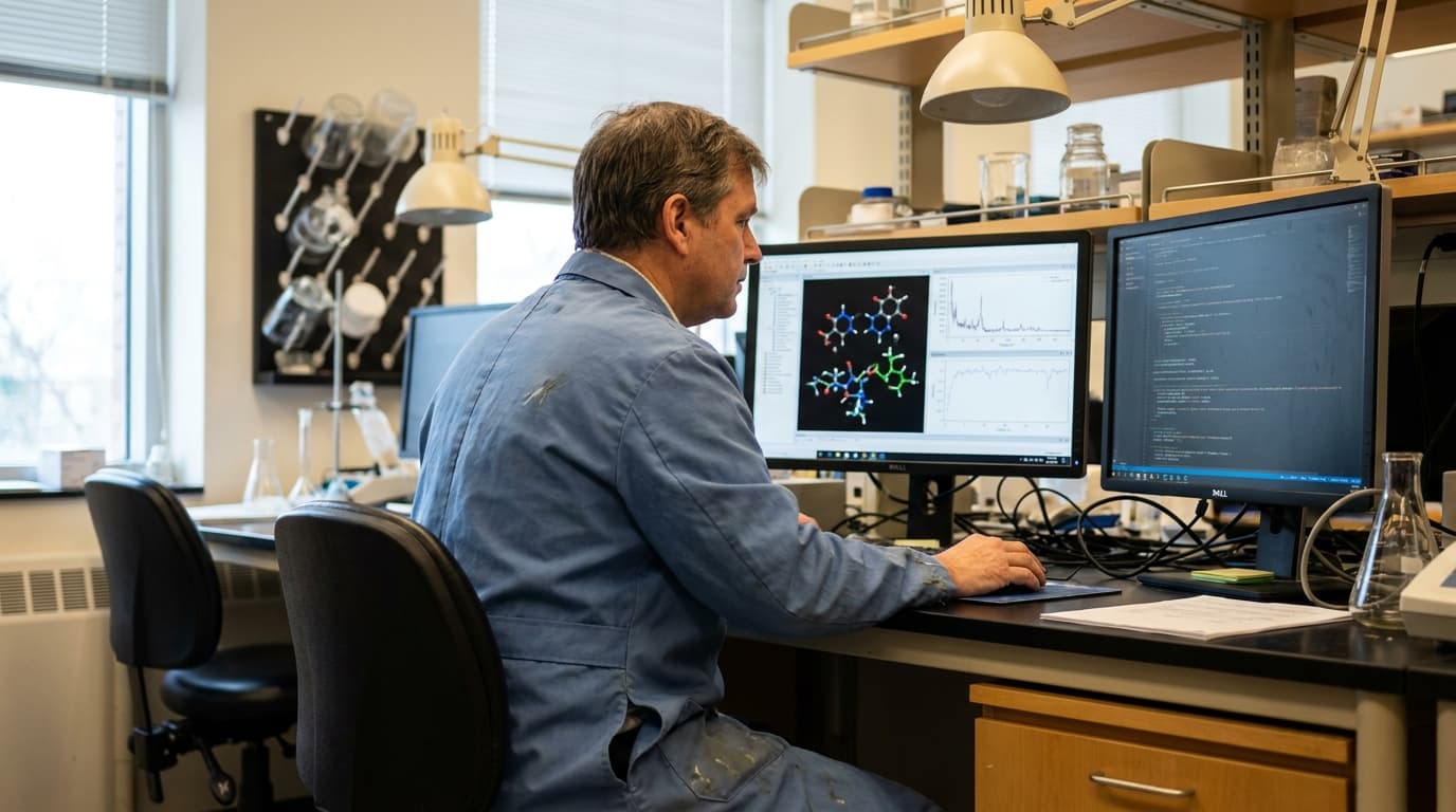 A scientist in a laboratory analyzes complex biological data on a computer screen, representing the intersection of AI and biotech research.