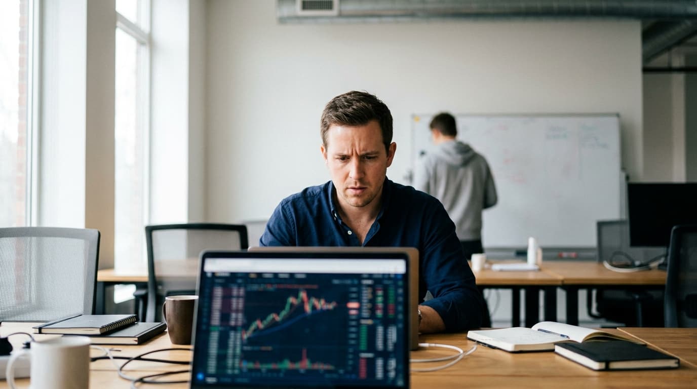A businessperson at a desk reviews financial data on their laptop with a serious expression, reflecting the tough fintech funding market.