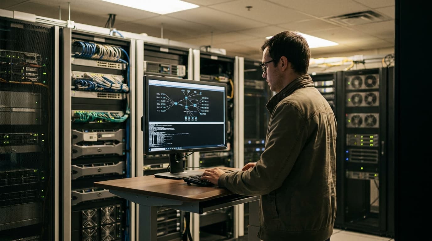 An engineer analyzes network diagrams on a computer monitor inside a data center with server racks.