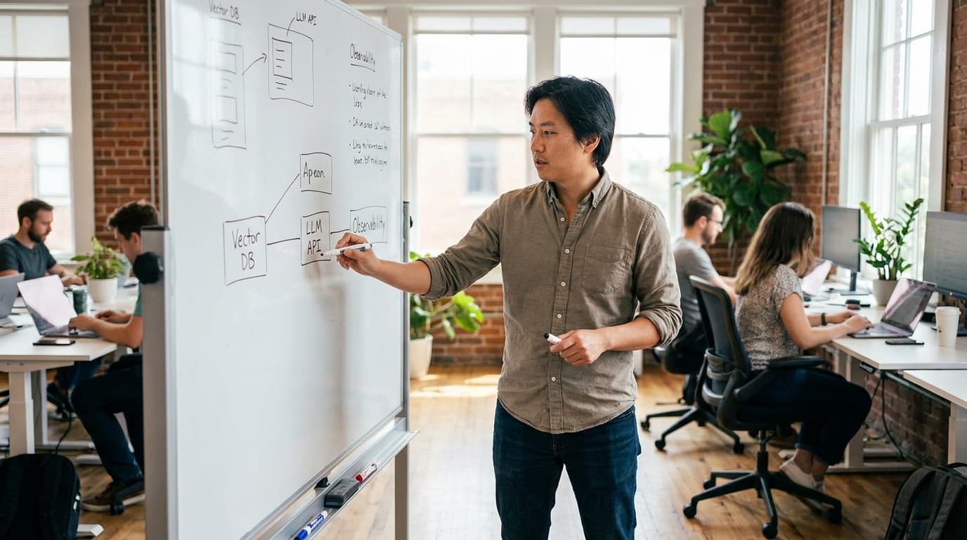 A tech executive in an office draws a system architecture diagram on a whiteboard, focusing on infrastructure components.