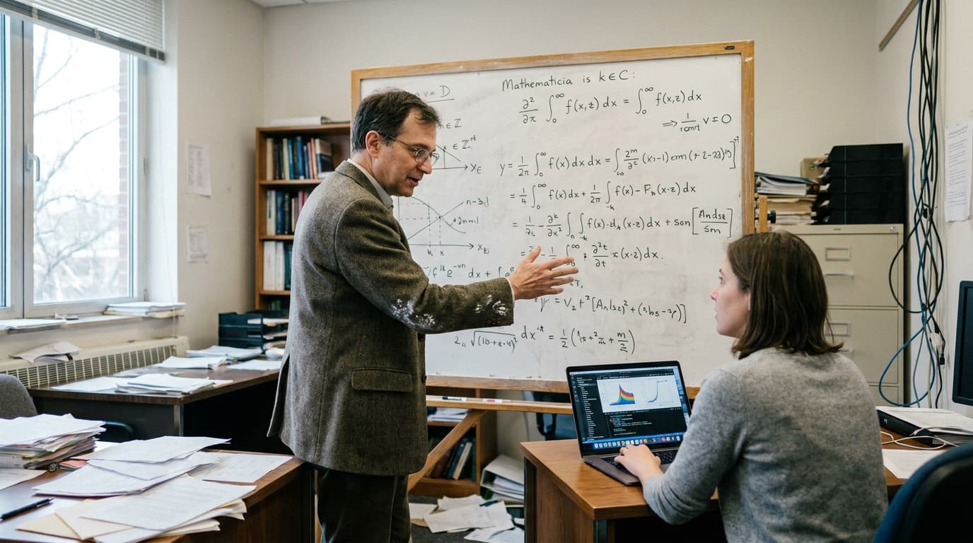 Two researchers in an office, one at a whiteboard with mathematical formulas and the other with a laptop, collaborating on a problem.
