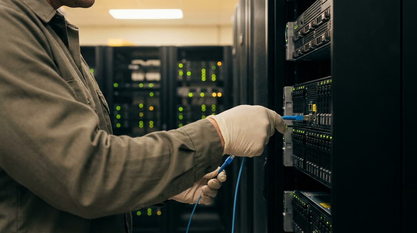 A technician in a data center aisle inspects cabling on a server rack filled with enterprise hardware.