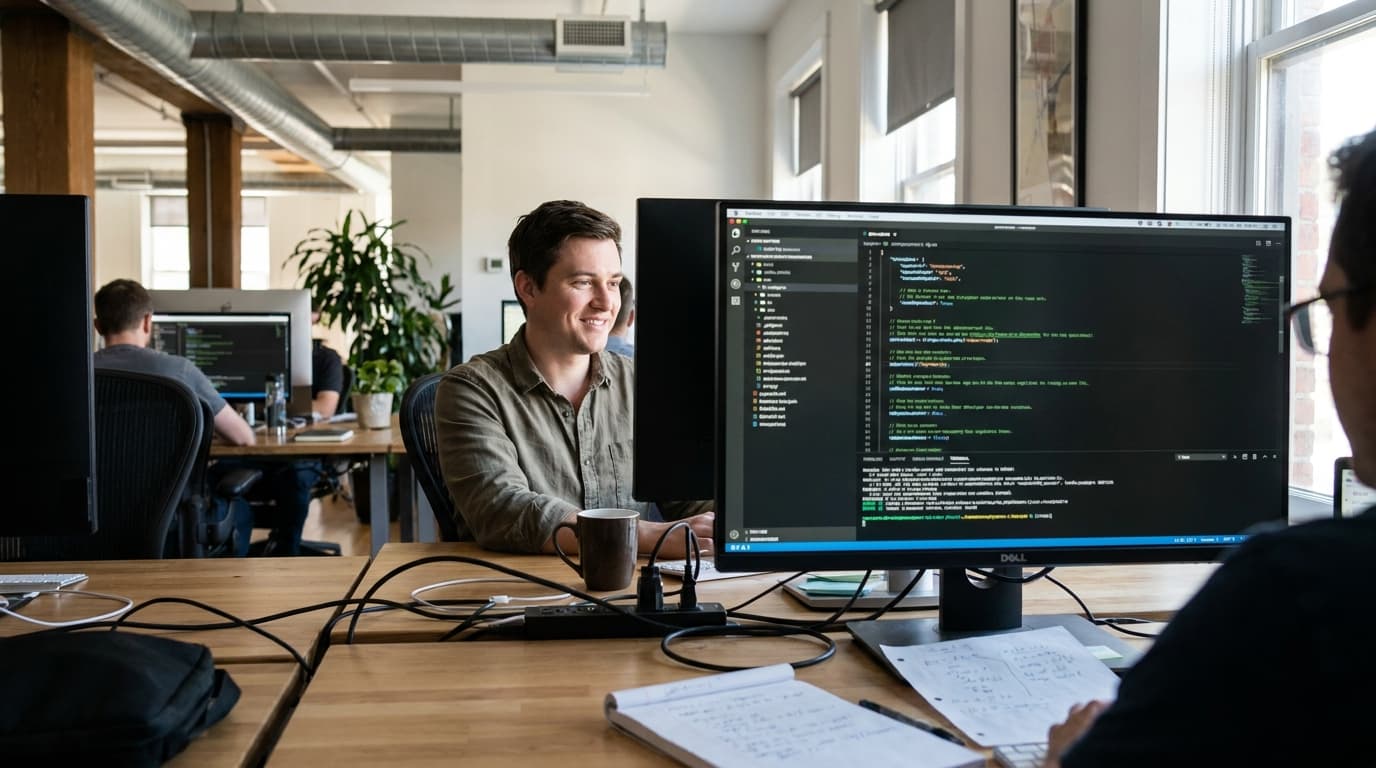 A developer sits at a desk in an office, smiling while looking at computer code on a monitor.