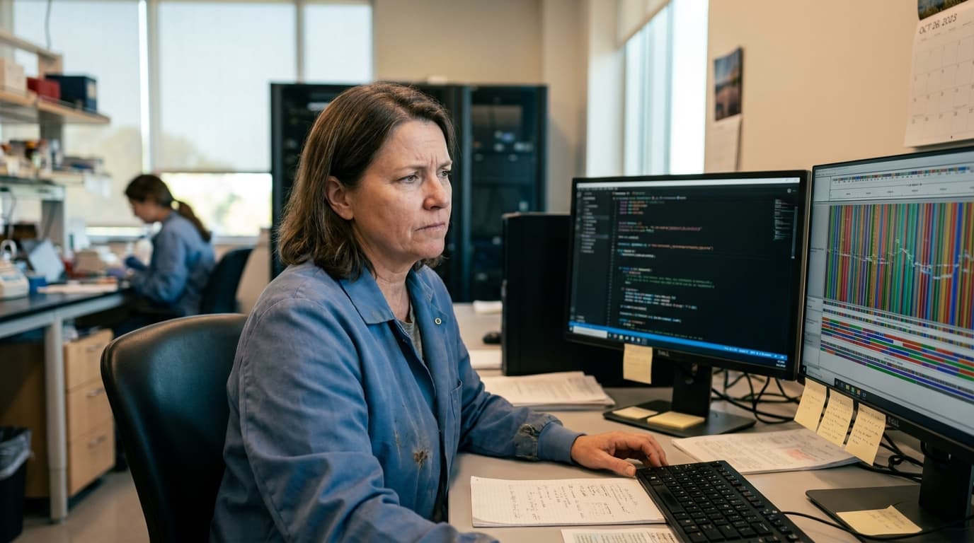 A scientist analyzing genomic data on a computer in a research laboratory.