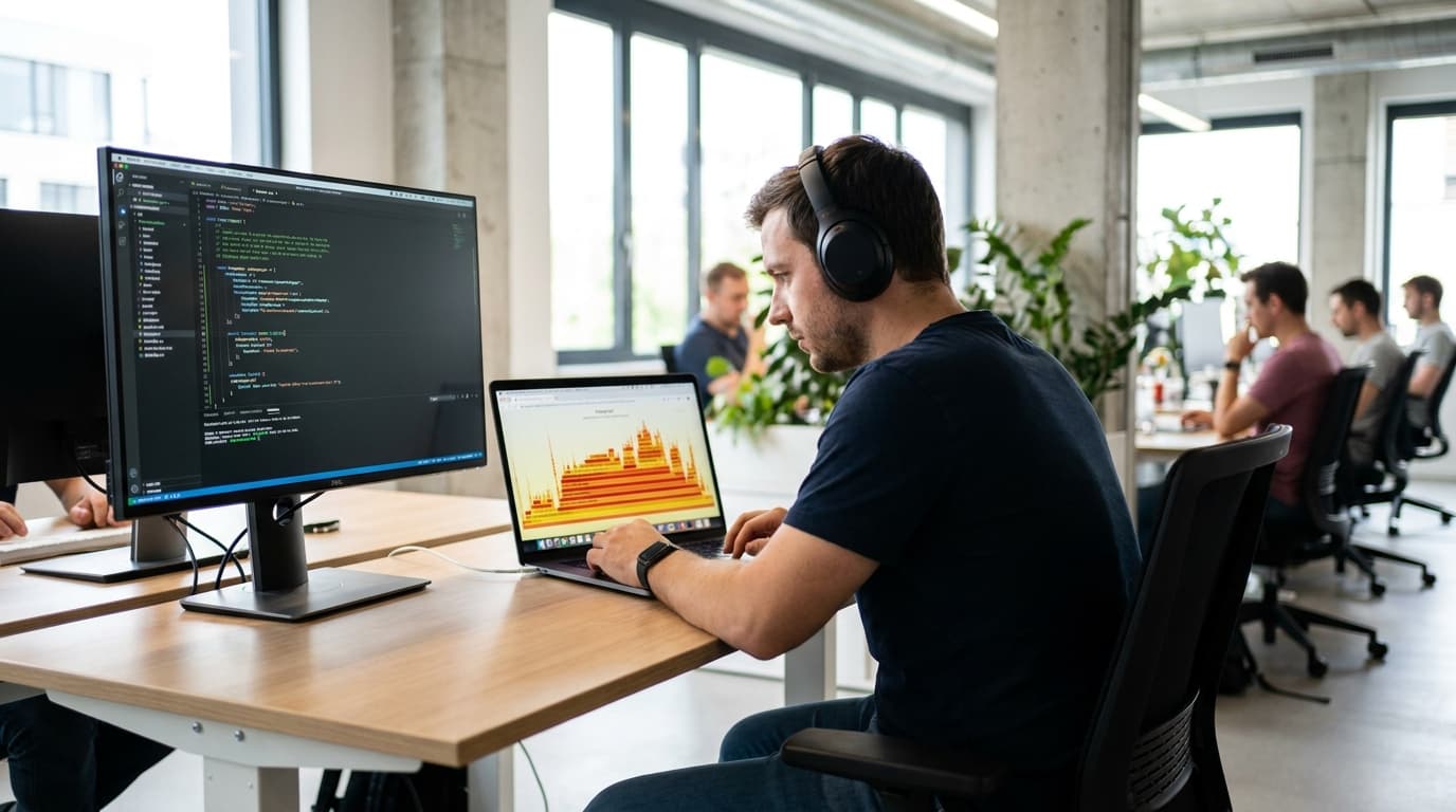 A software developer analyzing a colorful flamegraph for performance profiling on their laptop in a modern office setting.