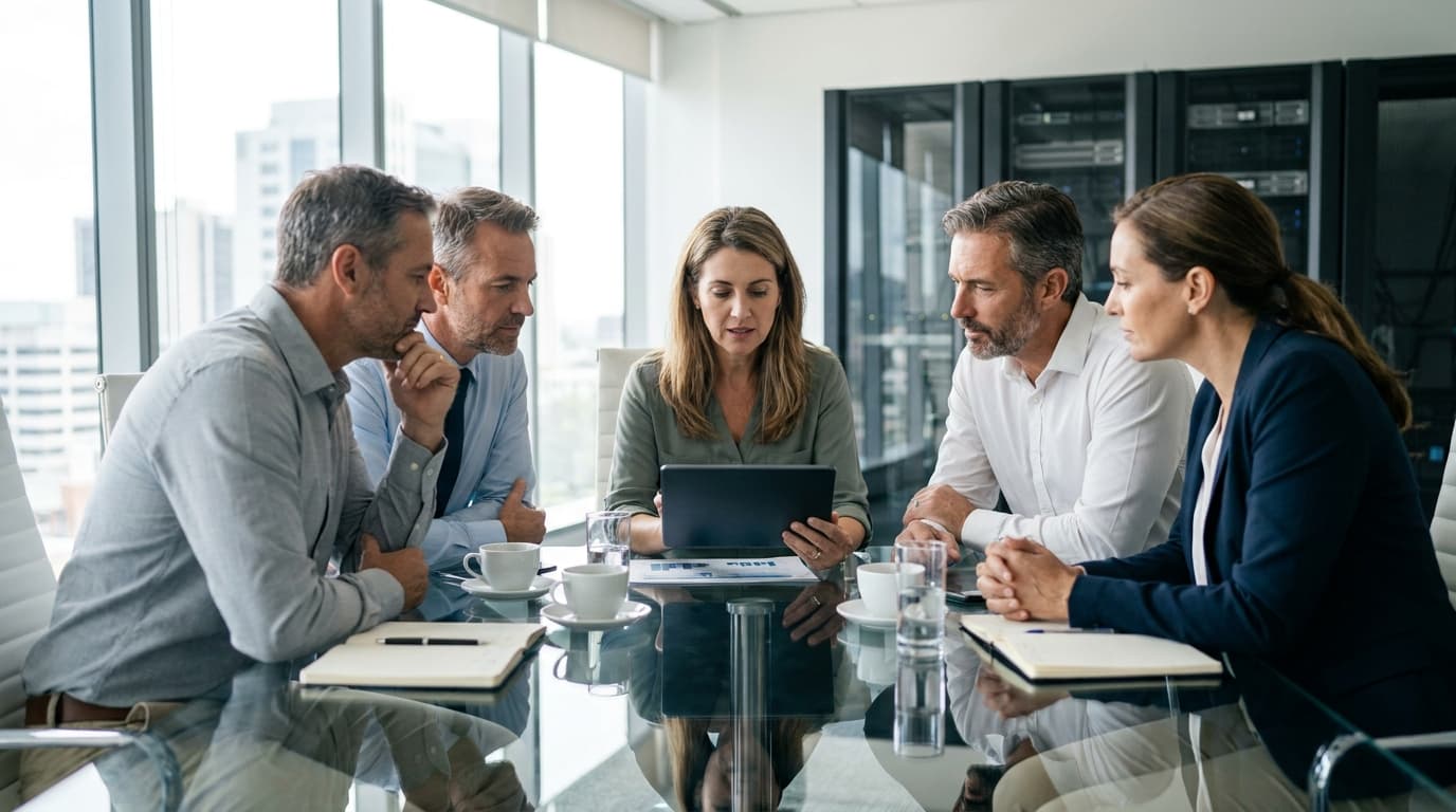 A group of executives in a meeting look at a tablet displaying business data presented by their CEO.