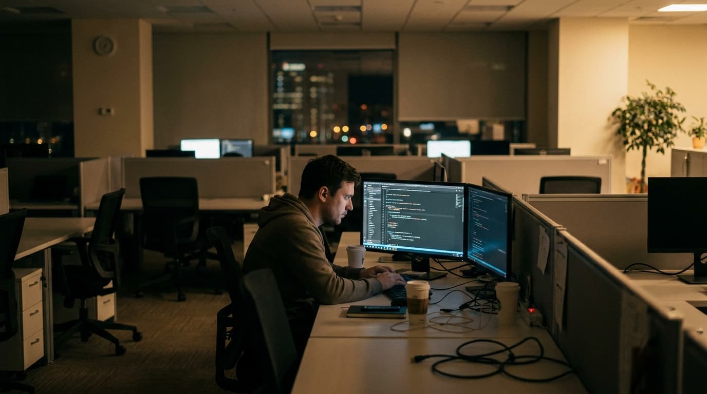 A single software developer working alone in an empty office, looking at a computer screen with code on it.