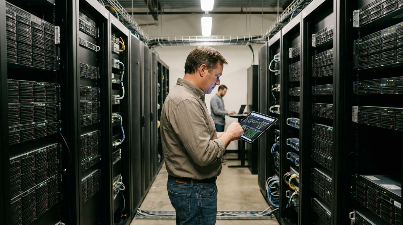 An engineer in a data center examines a server rack while reviewing system architecture on a tablet.
