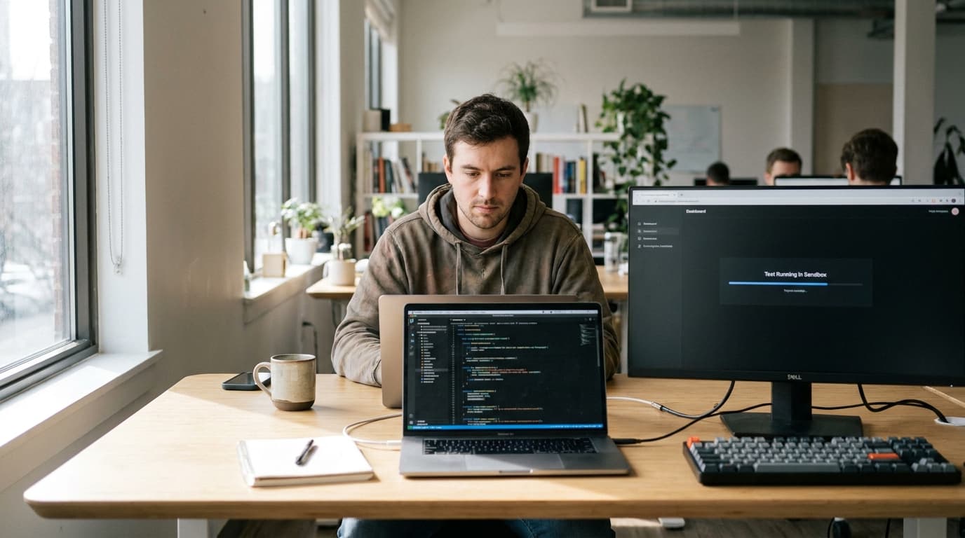 A developer at their desk using a laptop and monitor to run a software test in a sandboxed environment.