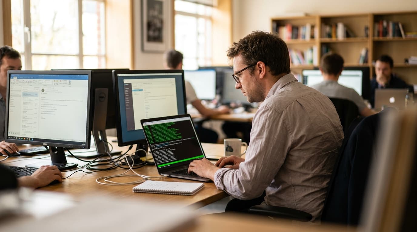 A developer watches a build process run in a terminal on their laptop screen in an office setting.