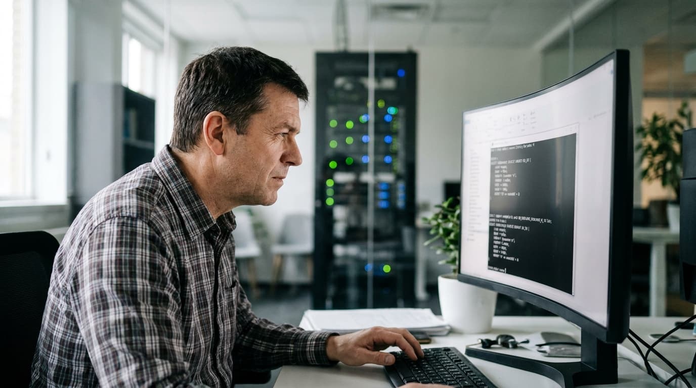 A database administrator works on a computer with a terminal open, with server racks visible in the background of the office.