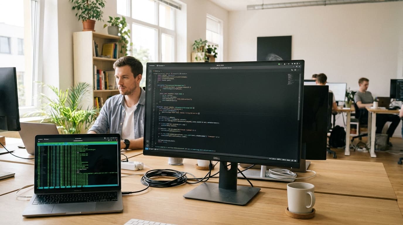 A developer in an office environment reviews Rust programming code on a computer monitor.