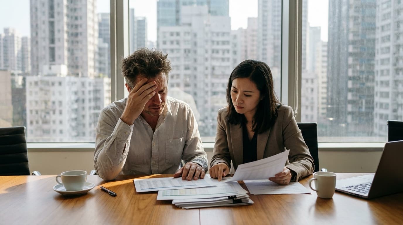 A business executive and a lawyer sitting at a table in a modern office, seriously reviewing a stack of financial papers.