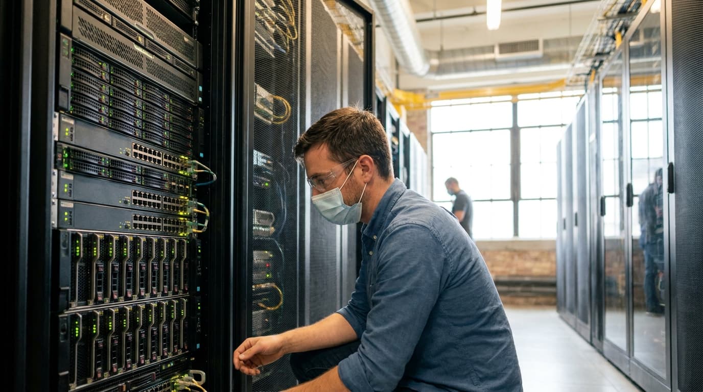 An IT professional inspects a server rack in a clean, modern data center.