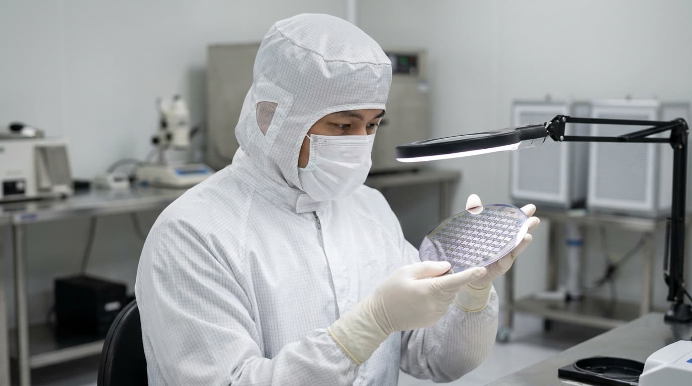 A technician in a protective suit and gloves examines a silicon wafer covered in microchips inside a brightly lit manufacturing facility.