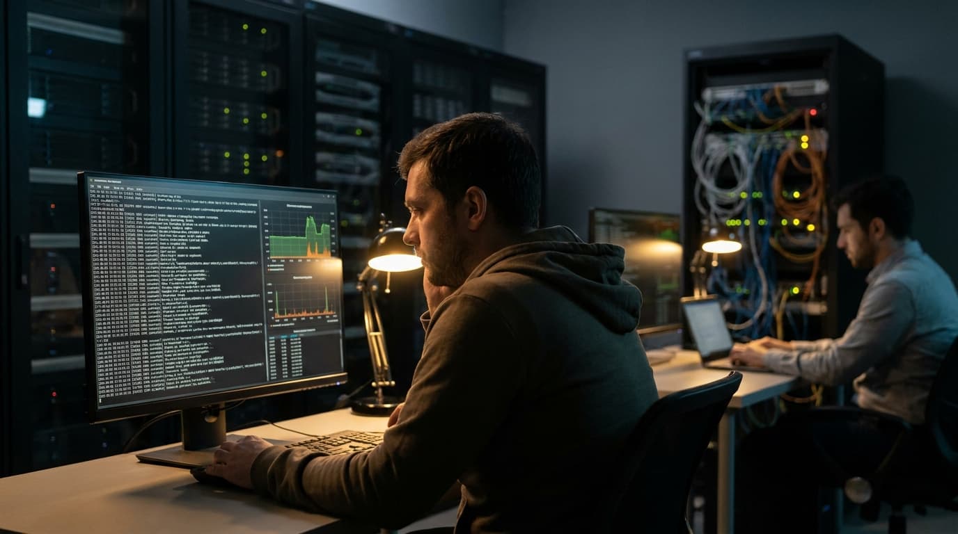 An engineer in a control room analyzes complex system data on a large screen, monitoring for potential infrastructure failures.