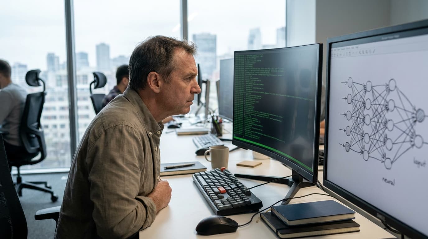 A security professional sits at a desk, carefully examining code on a computer screen that displays a diagram of an AI model.