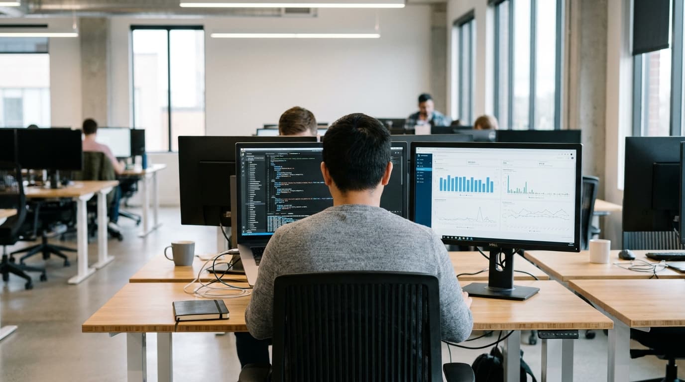 A data engineer works on a laptop with SQL code on the screen, with a second monitor showing a dashboard.