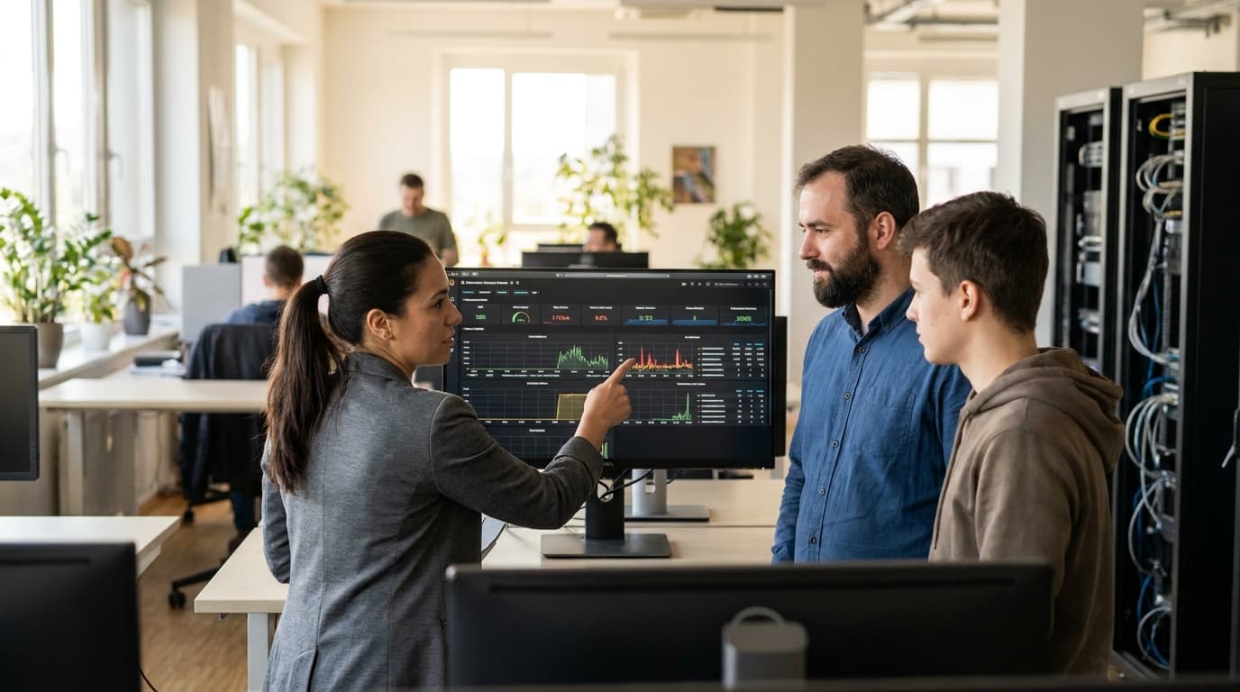 Three software engineers discuss Kubernetes performance graphs displayed on a large monitor in an office setting.