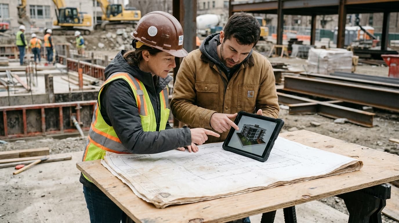 An architect and engineer review a 3D building model on a tablet while looking at blueprints on a construction site.
