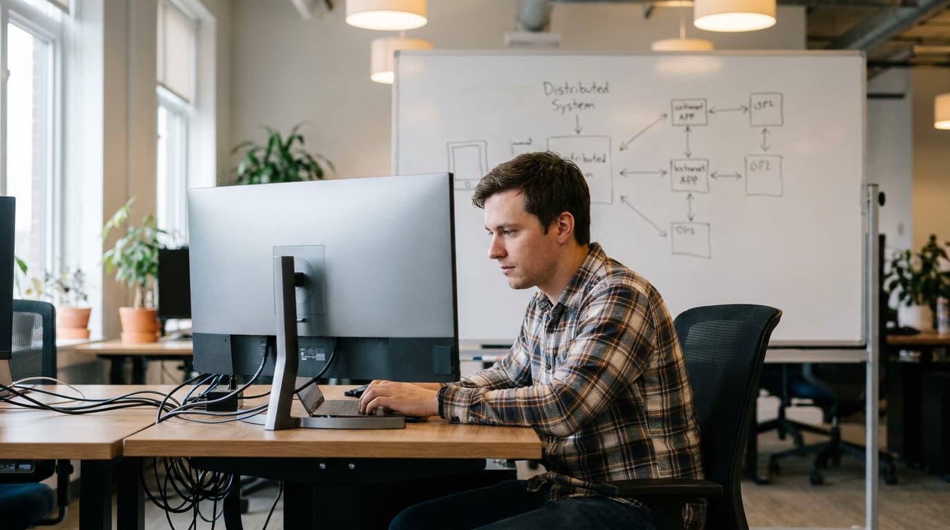 A software engineer reviews Rust code for a distributed system on a computer monitor in an office setting.