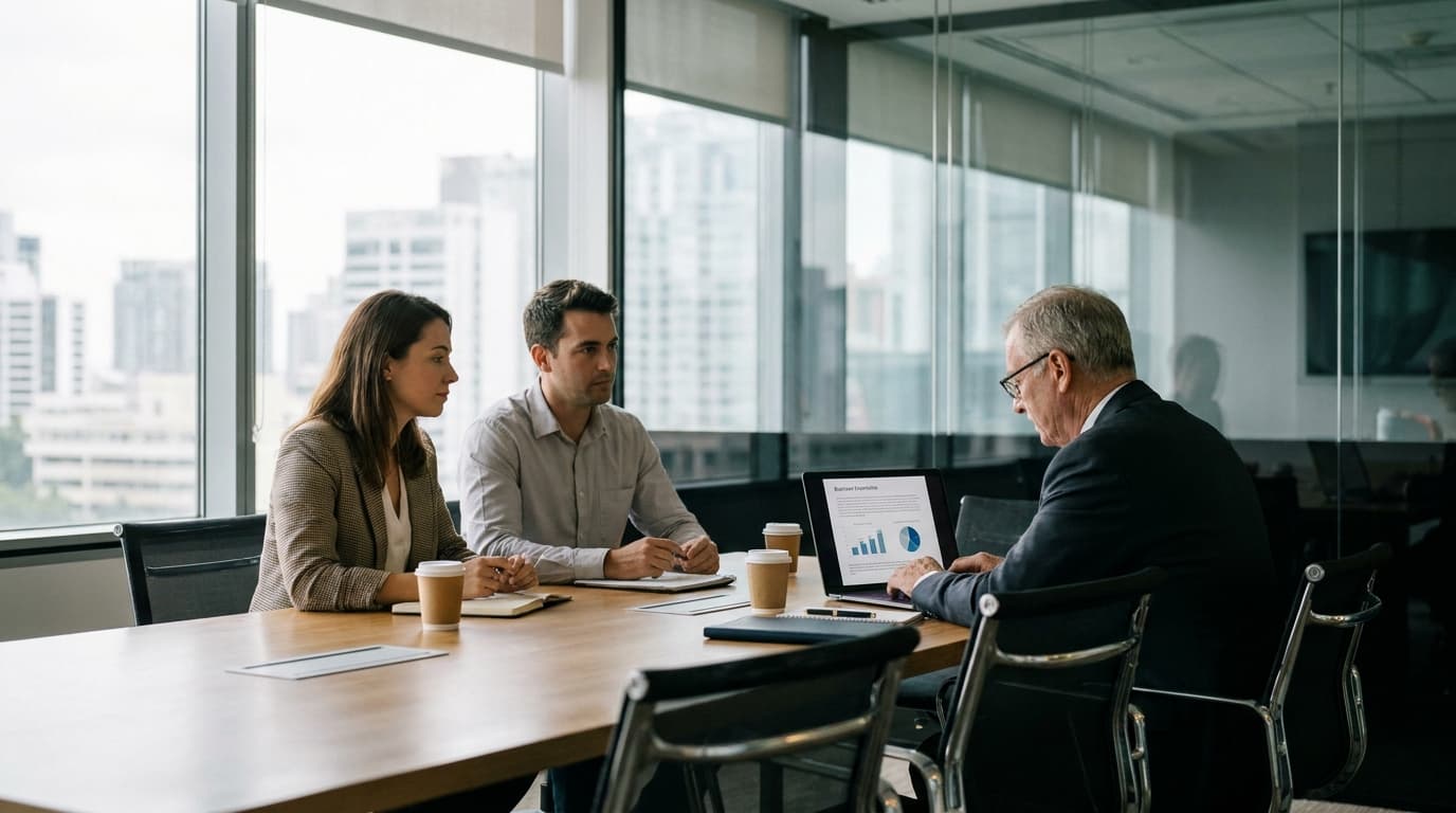 Two founders pitching their startup to a venture capitalist in a professional office meeting room.