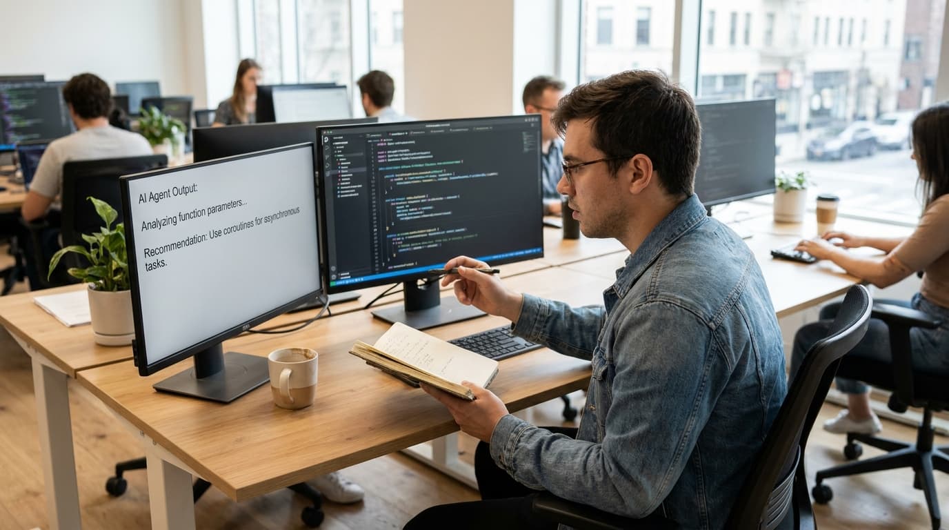A developer at their desk examines Kotlin code on one screen while reviewing AI-generated text on another.
