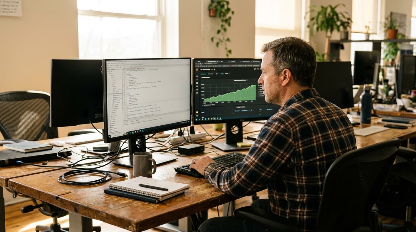 A data engineer analyzes database performance on a computer monitor in an office.