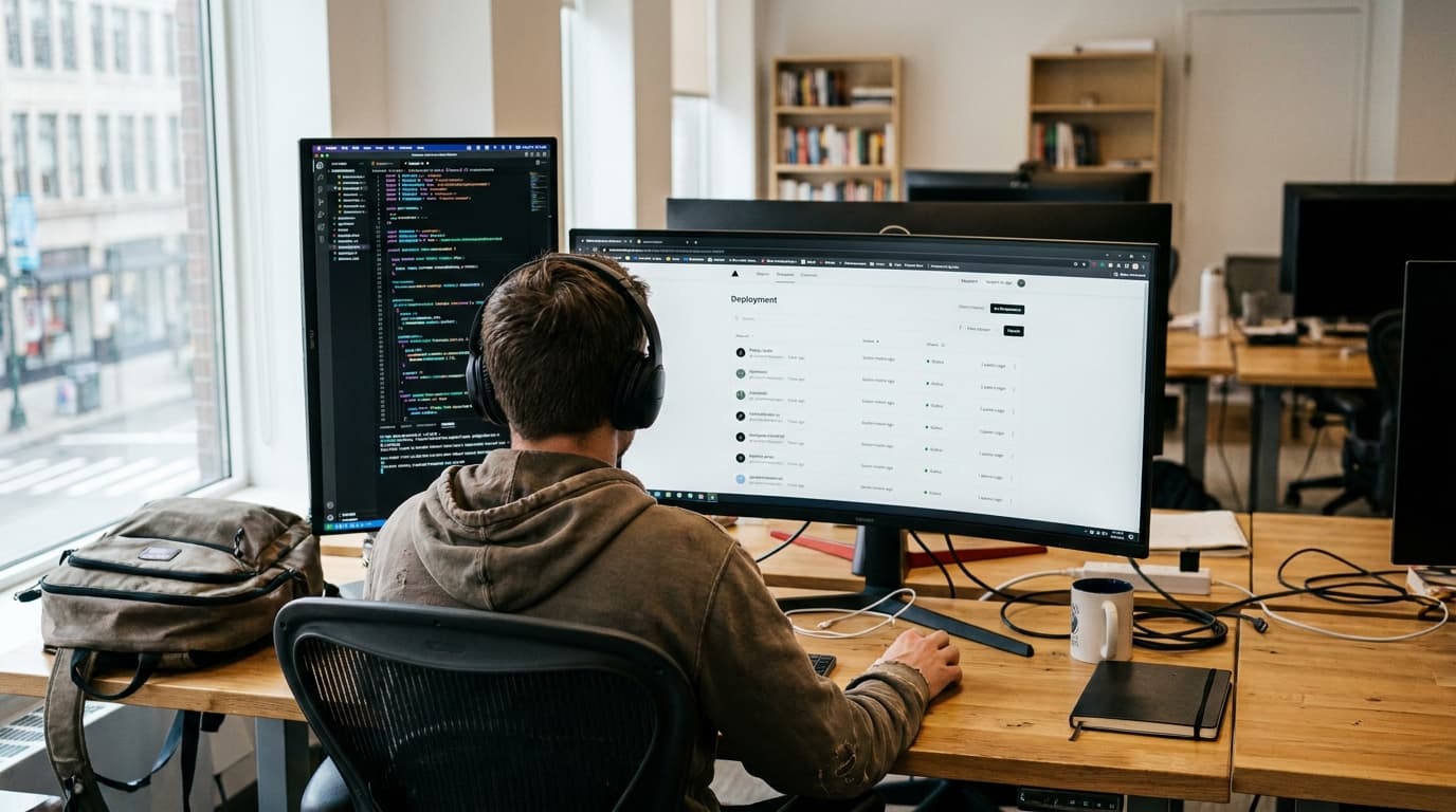 A software developer works on a Vercel project, with a code editor and a web dashboard visible on their monitors.