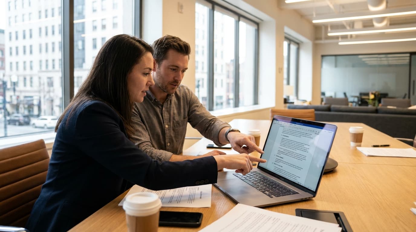 A lawyer and a developer collaborate over a contract displayed on a laptop in a modern office.