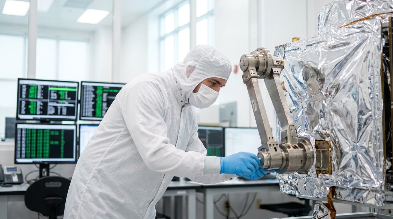 An engineer inspects a robotic arm on a satellite prototype inside a brightly lit manufacturing facility.