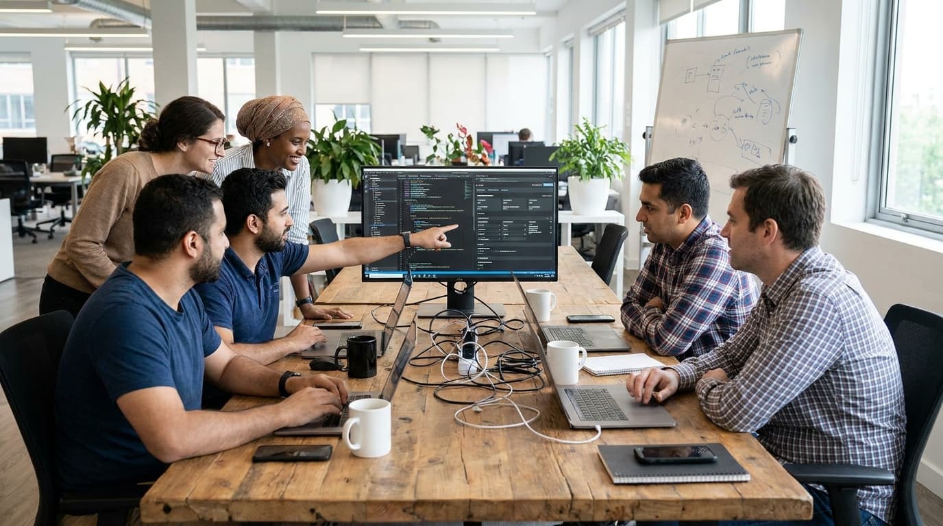 A team of developers discussing a project on a computer screen in a collaborative workspace.