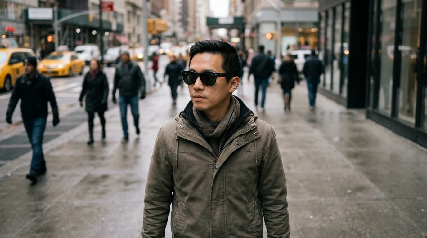 A close-up of a person wearing Meta's Ray-Ban smart glasses on a city street, with a focus on the device's frame.