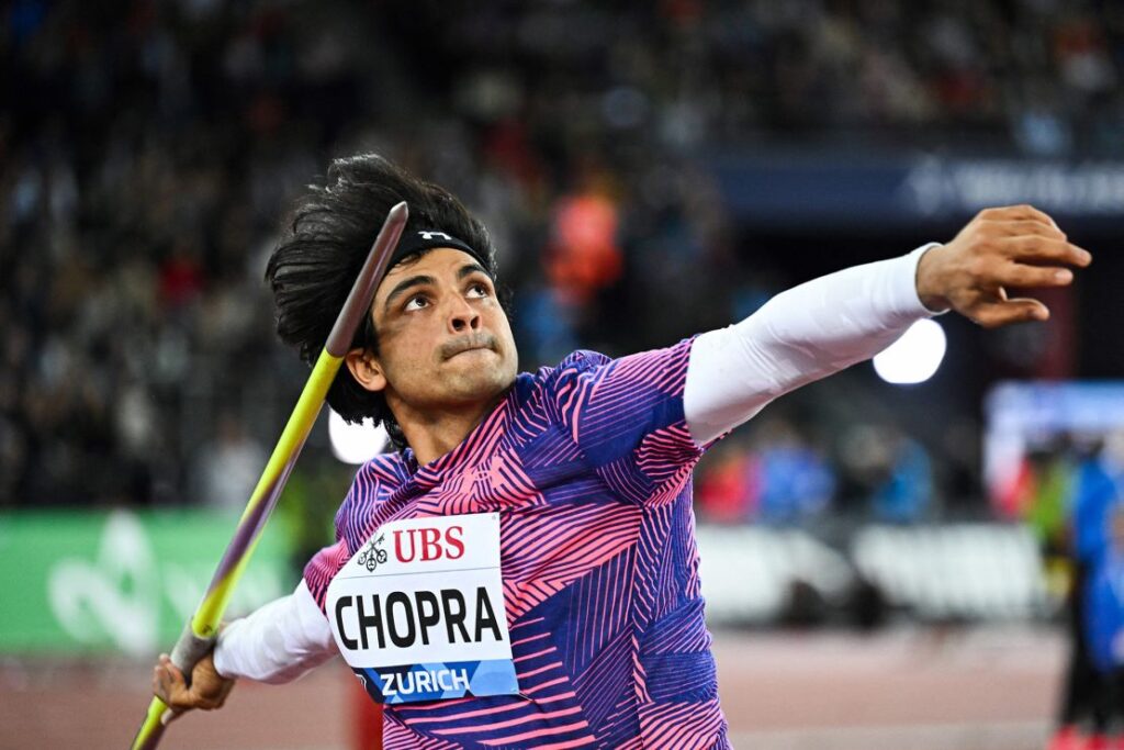 Neeraj Chopra action  Paris Olympics 2024.