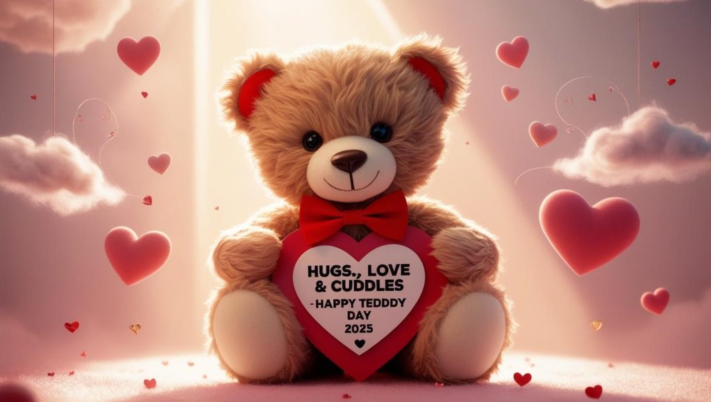 A brown teddy holding a heart with the text "Hugs, Loves, & Cuddles" - Happy Teddy Day 2025 with clouds and hearts in the background.