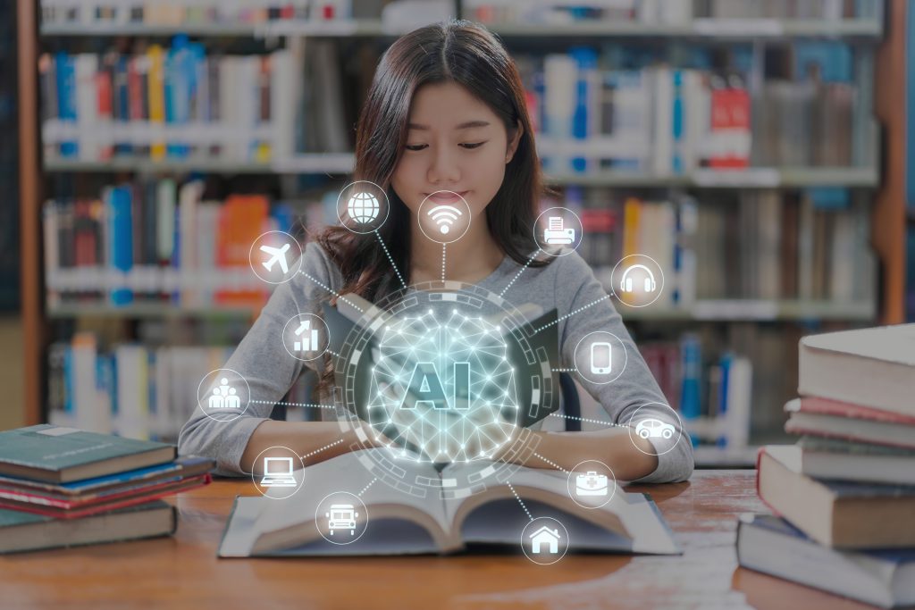 a girl holding a book inside a library, but artificial intelligence or AI can give you better insights on career growth and success due to personalization